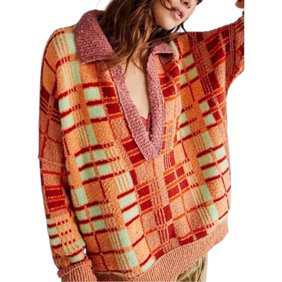 Free People Sweaters - Free People Ruben Oversized Textured Plaid Collared Sweater Boho Pullover M